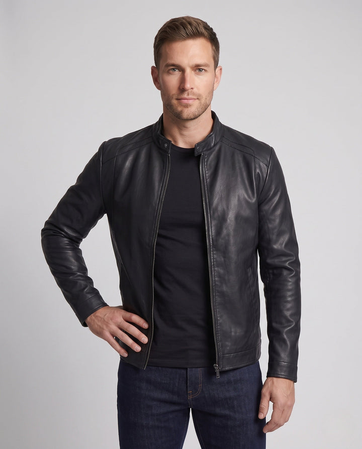 Męska slim skóra wygląd moto blouson z stójką i ukrytym zamkiem