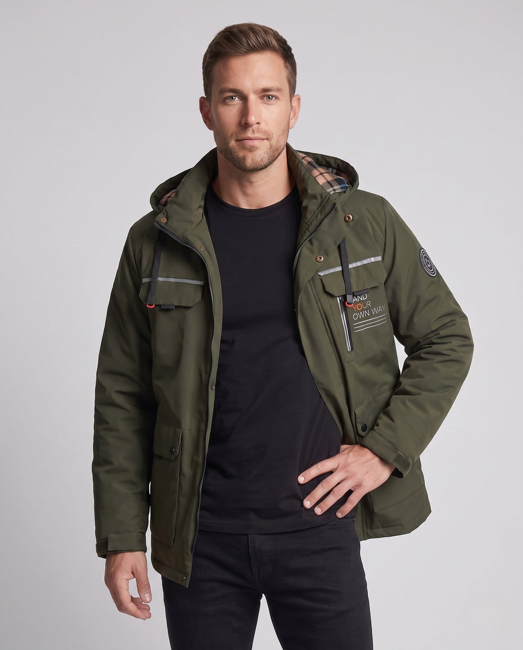 Męska technical miejski parka z kapturem, reflective wserts i multifunctional kieszeniami