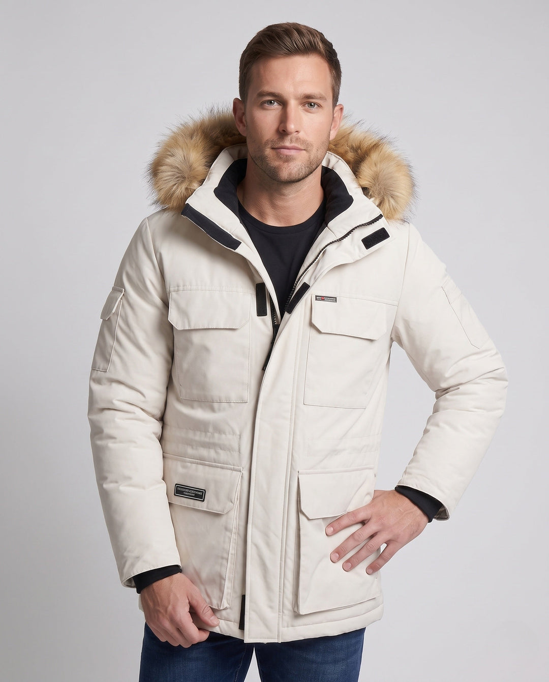 Męska termiczny parka z kapturem, imitacja fur trim, i multifunctional kieszenią system
