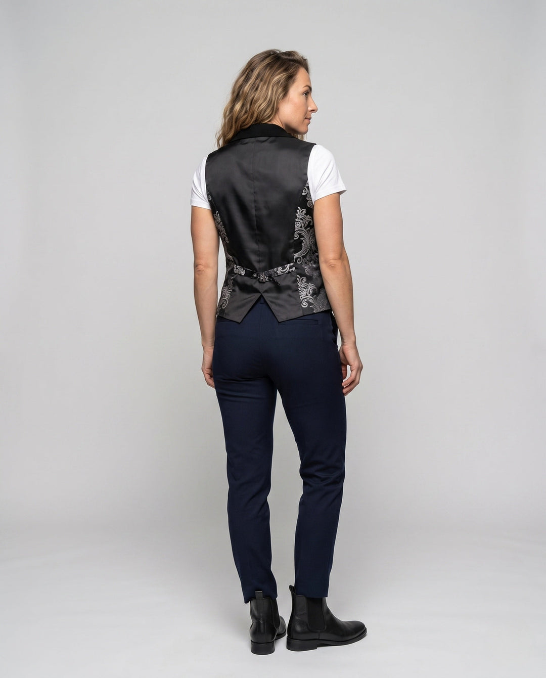 Damska elegancka satynowa kamizelka z kwiatowa pattern i practical kieszeniami Lumaza