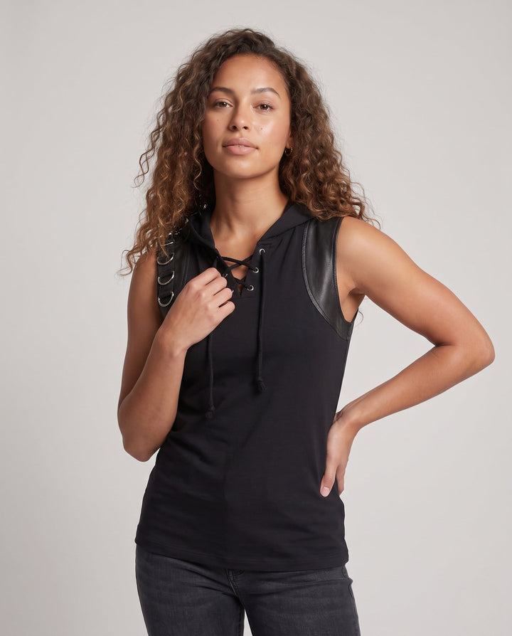 Damska z kapturem kamizelki z leather accents i lacing Lumaza