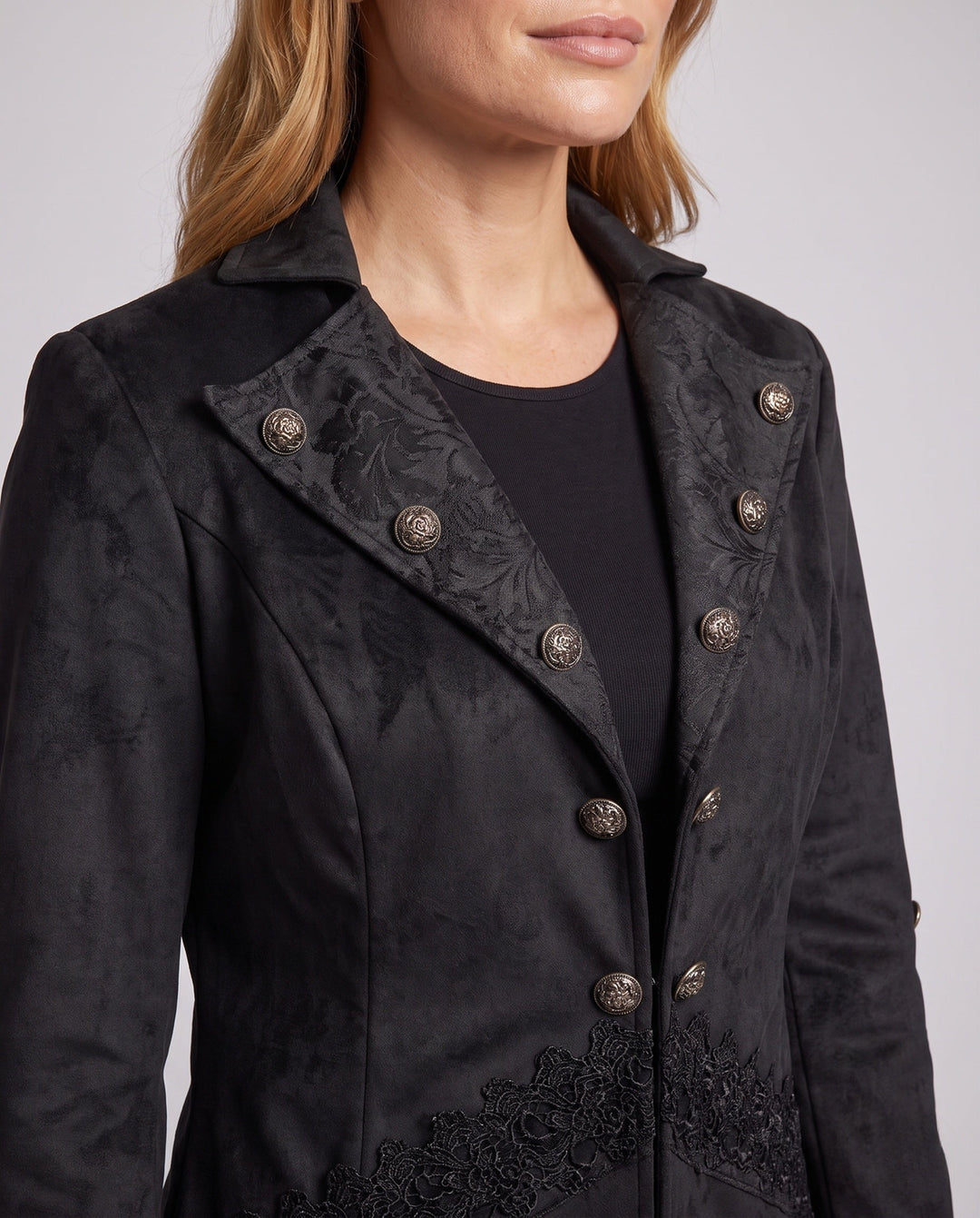 Damska welurowa kurtka z Asymmetric dołem i Lace Trim Lumaza