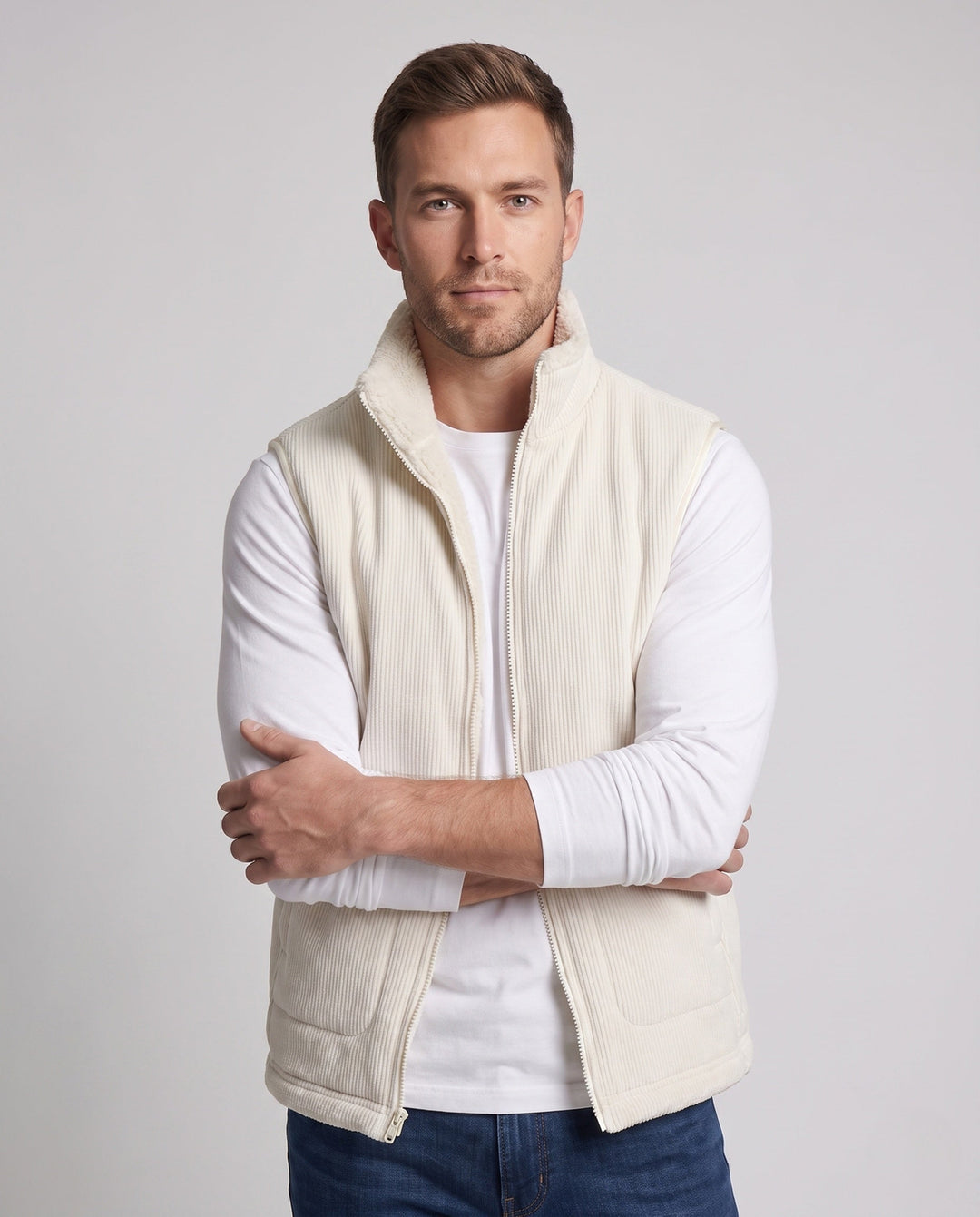 Męska warmwg Sherpa fleece kamizelka z pełnym zamkiem i naszywanymi kieszeniami