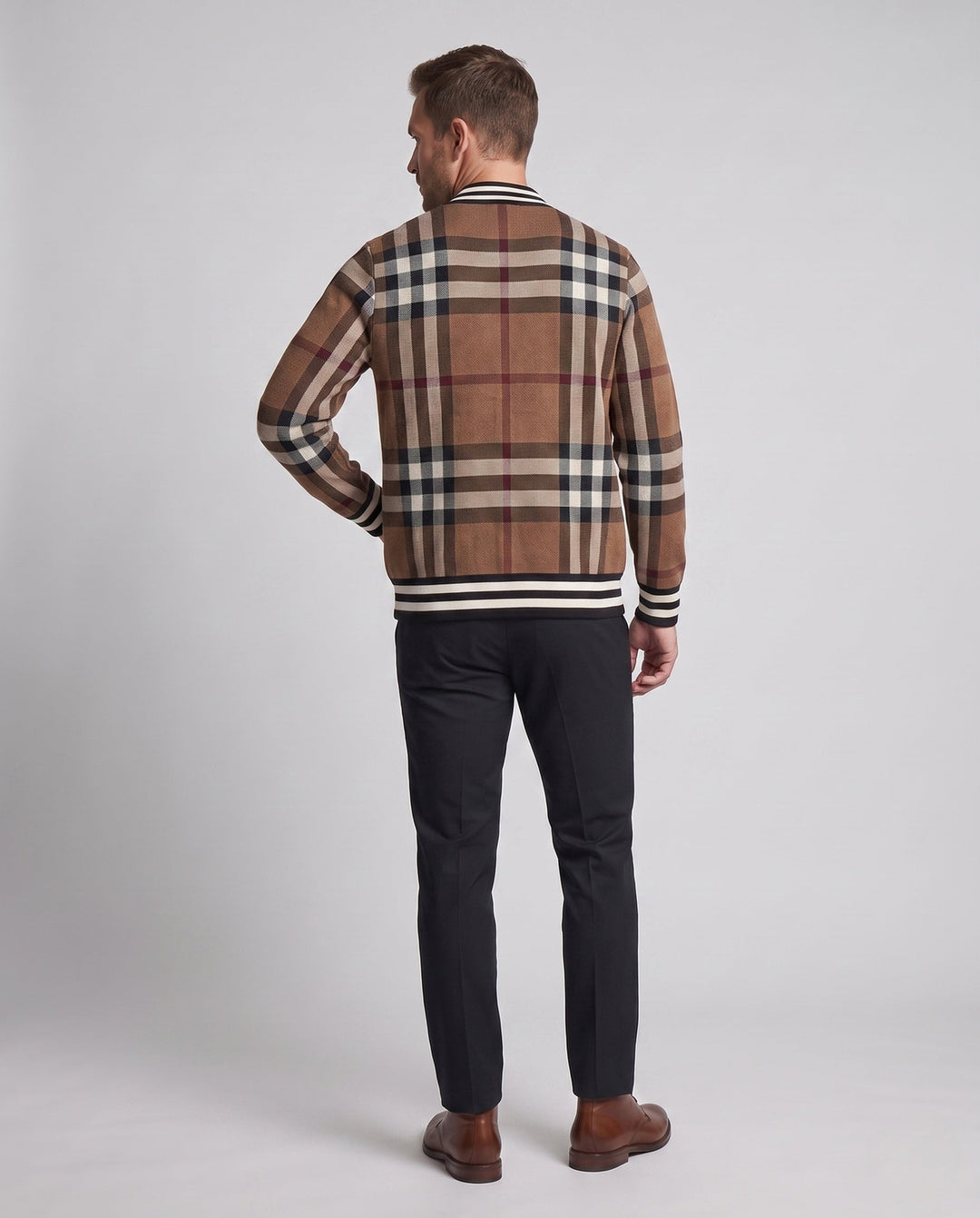Męski Casual Zip-Up Cardigan z Check Pattern