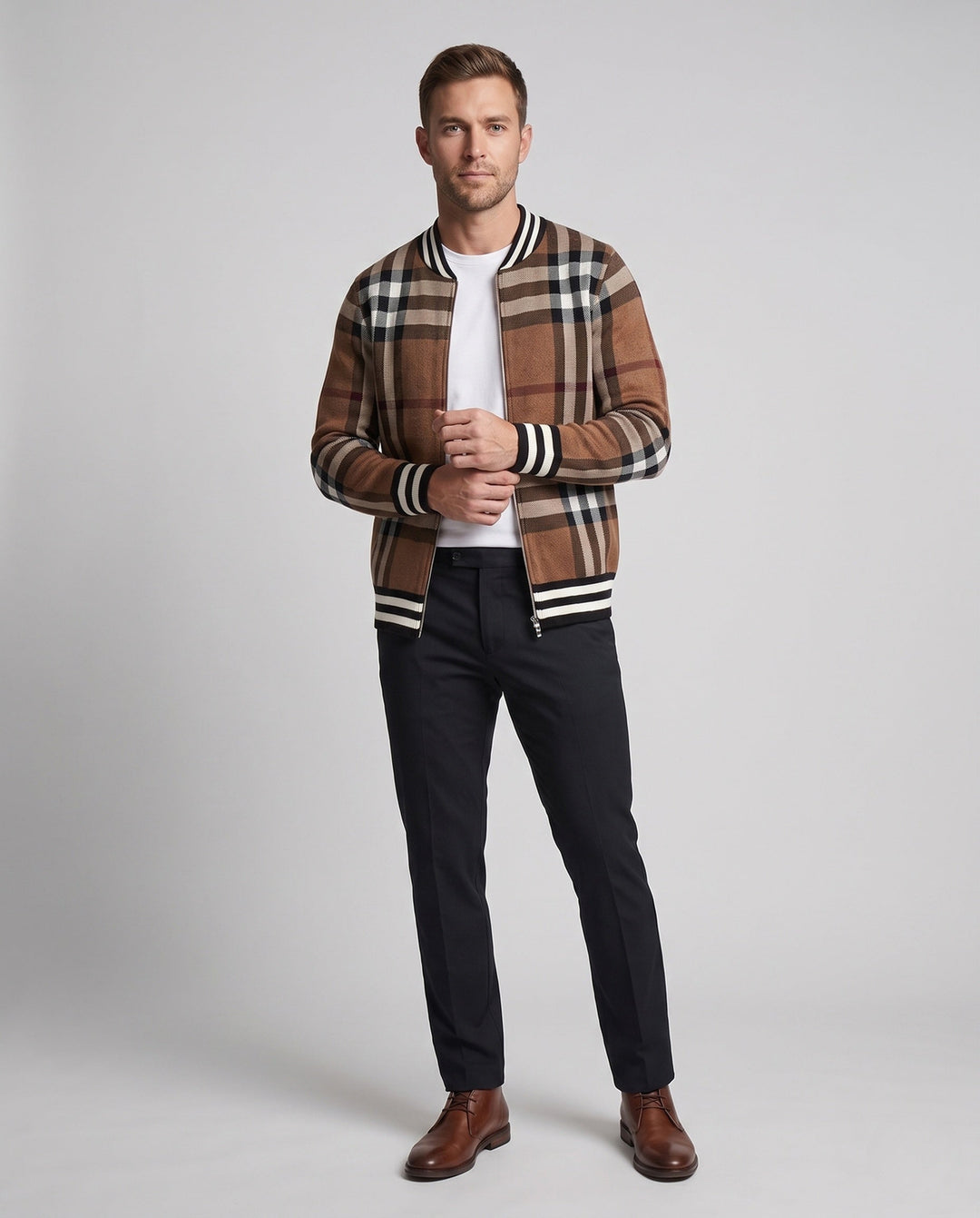 Męski Casual Zip-Up Cardigan z Check Pattern