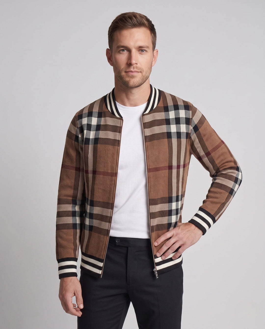 Męski Casual Zip-Up Cardigan z Check Pattern