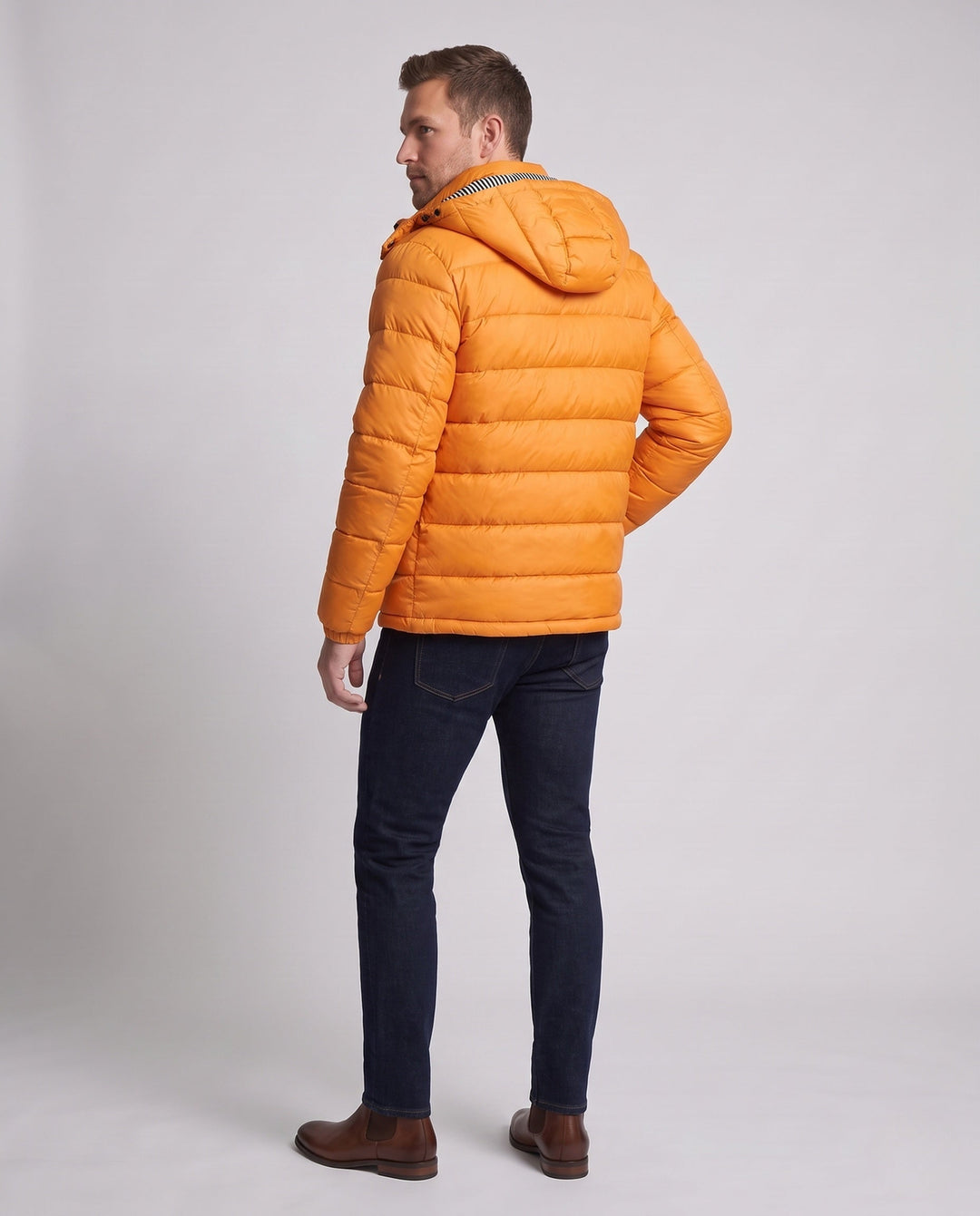 Męski Glossy Pikowany Kurtka z Kaptur, Striped Podszewka &amp; Kontrastowy Zippers