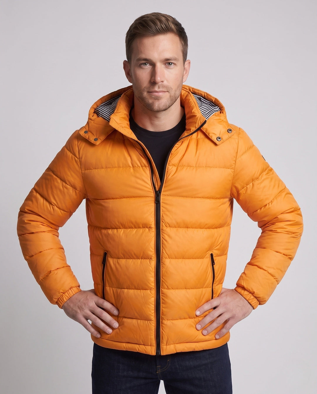 Męski Glossy Pikowany Kurtka z Kaptur, Striped Podszewka &amp; Kontrastowy Zippers