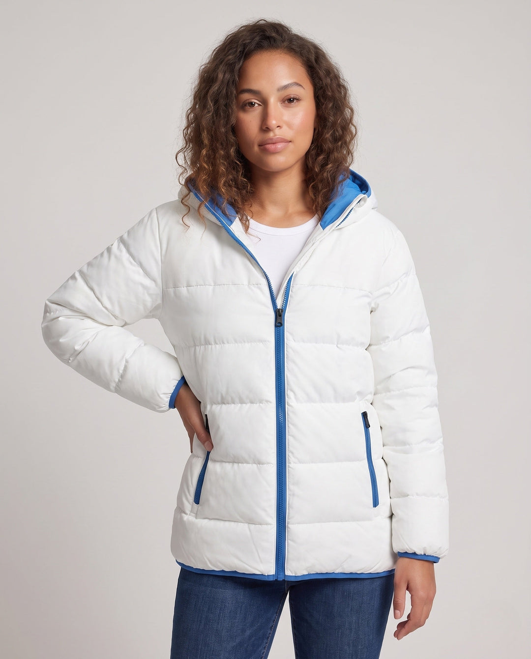 Damska krótka pikowana Winter kurtka z kontrastowy bluza z kapturem Lining &amp; z kieszeniami na zamek Lumaza