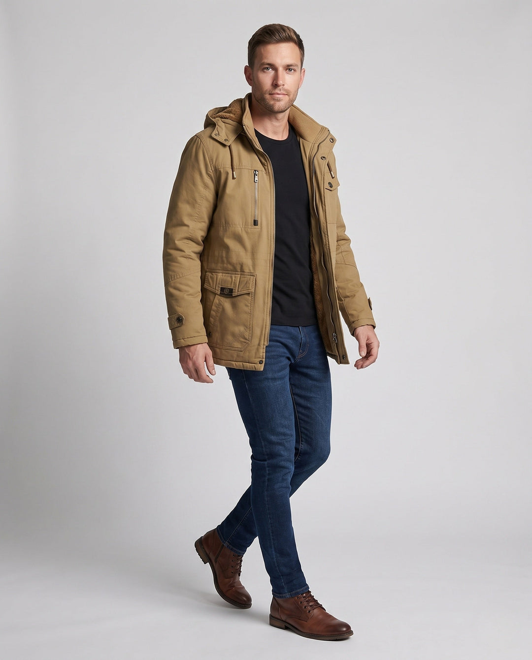 Męski Solidny Płótno Kurtka field z Kaptur, Multi-Pockets &amp; Tailored Krój