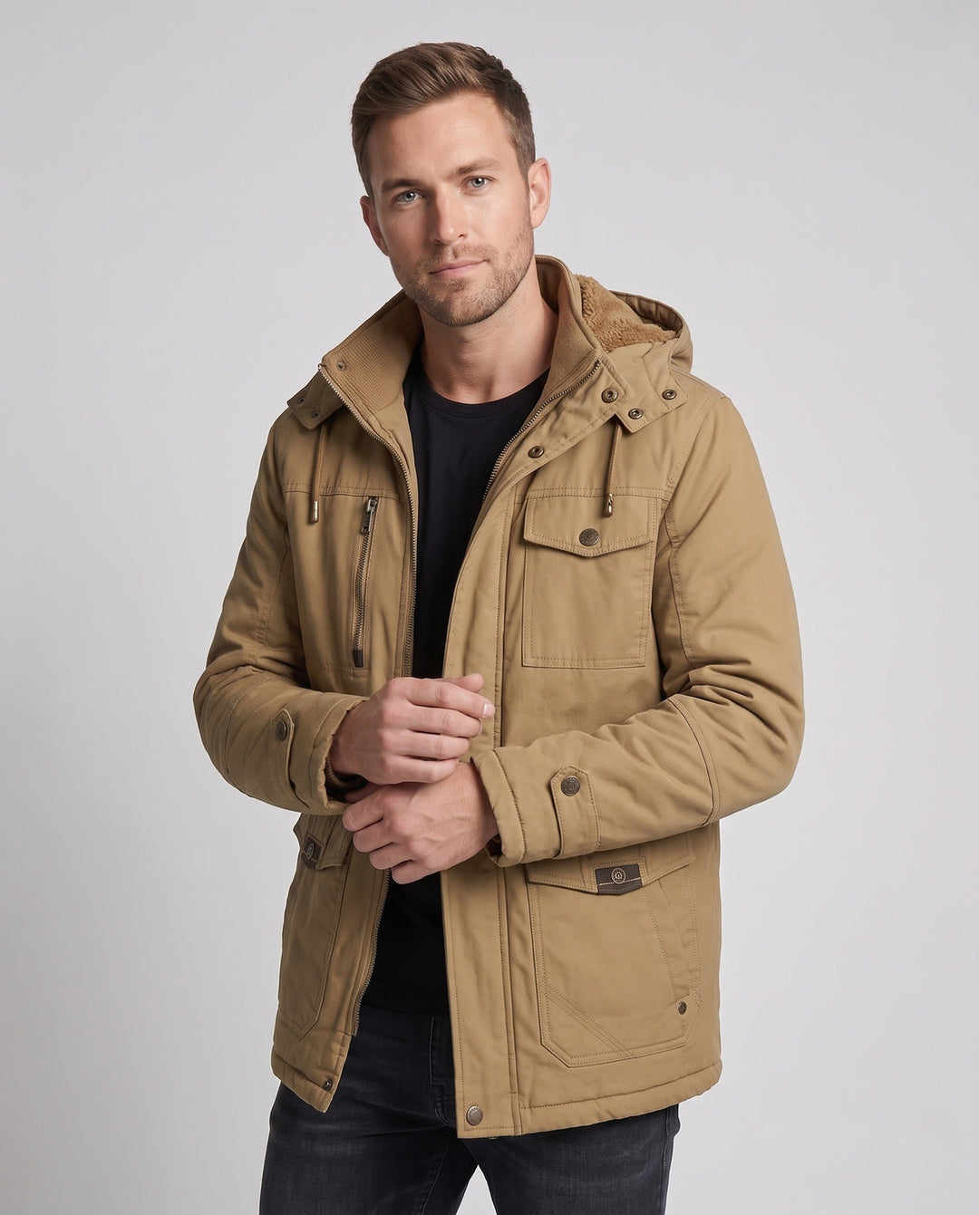 Męski Solidny Płótno Kurtka field z Kaptur, Multi-Pockets &amp; Tailored Krój