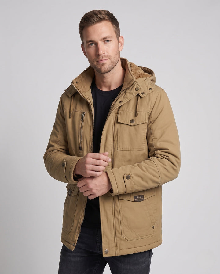 Męski Solidny Płótno Kurtka field z Kaptur, Multi-Pockets &amp; Tailored Krój