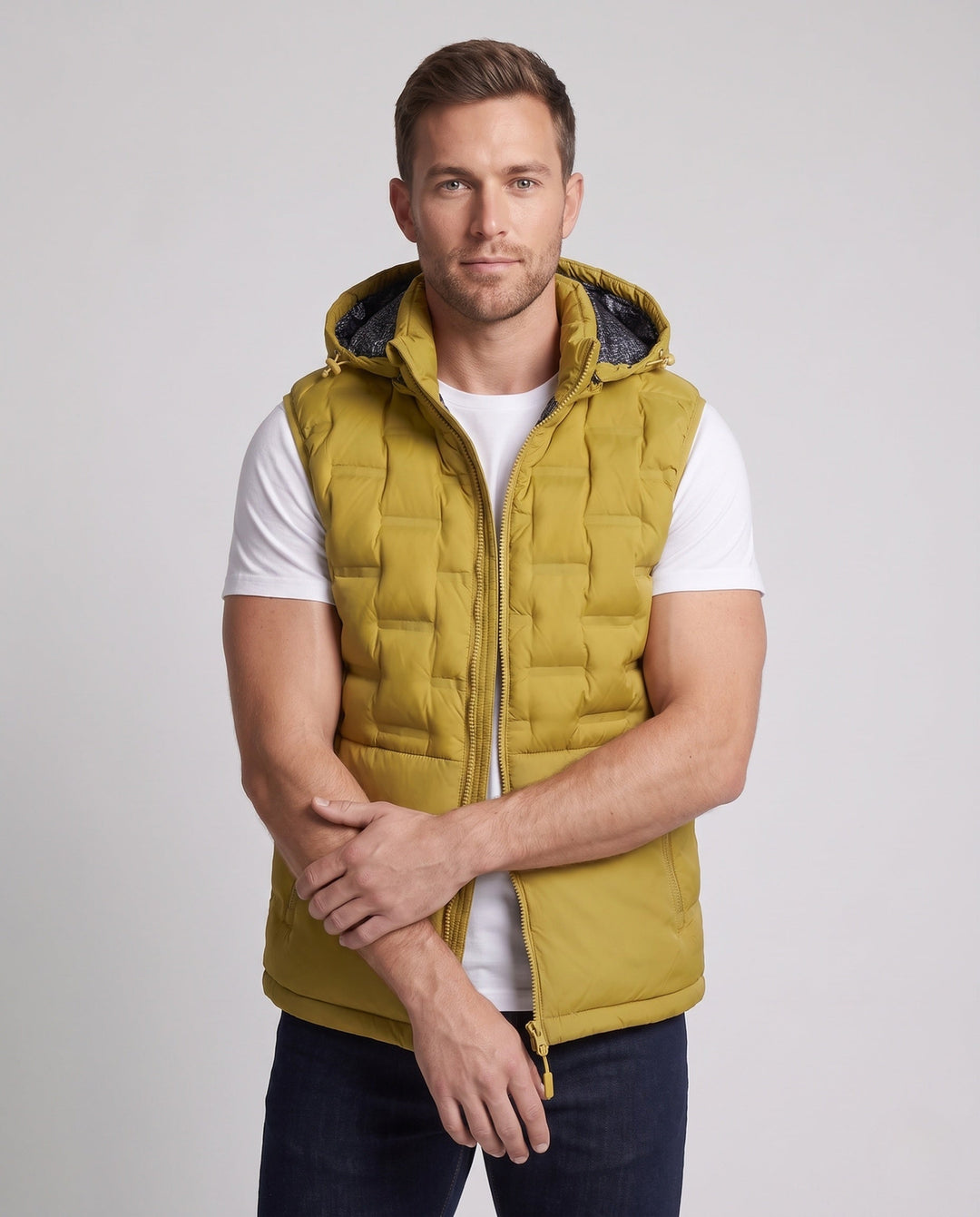 Męski Ultra-lekki Pikowany Kamizelka termiczna z Kaptur, Packable Feature &amp; Wind-resistant Surface