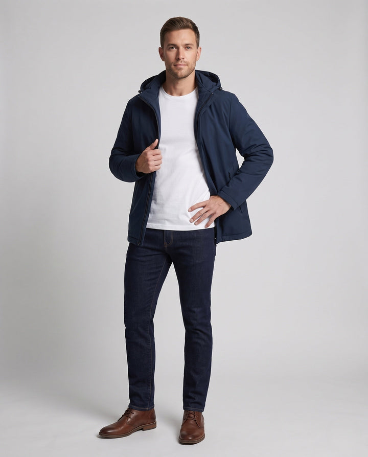 Mężczyźni Water-repellent Softshell Transitional Kurtka z Pikowany Termiczny Wewnętrzny Podszewka i Kaptur