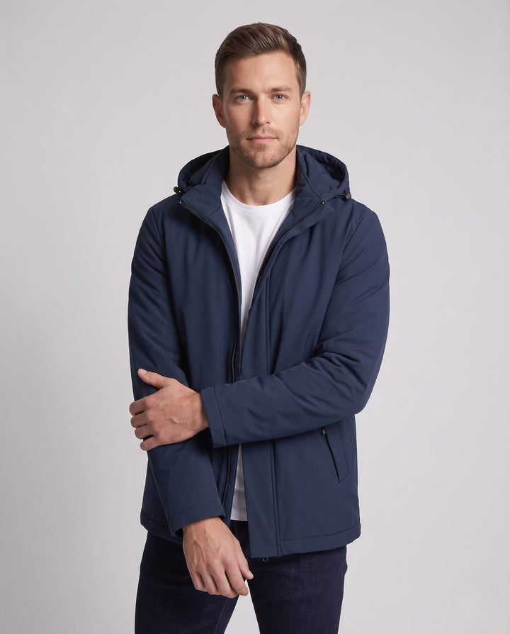 Mężczyźni Water-repellent Softshell Transitional Kurtka z Pikowany Termiczny Wewnętrzny Podszewka i Kaptur