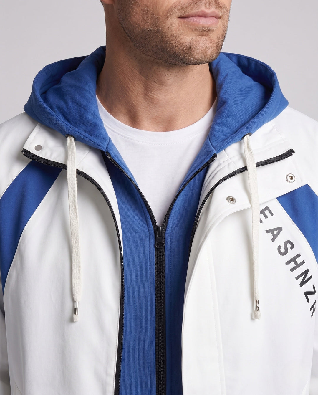 Herren zweilagige Kapuzen-Übergangsjacke mit Kontrastpaneelen, Reißverschluss &amp; Utility-Ärmeltasche
