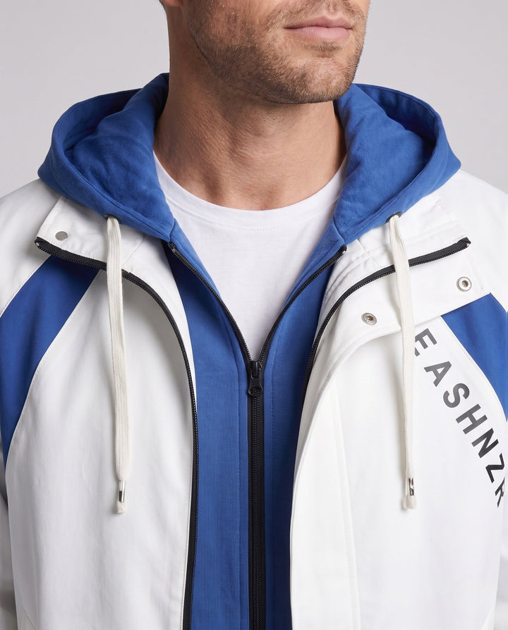 Herren zweilagige Kapuzen-Übergangsjacke mit Kontrastpaneelen, Reißverschluss &amp; Utility-Ärmeltasche