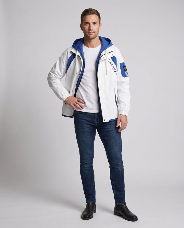 Herren zweilagige Kapuzen-Übergangsjacke mit Kontrastpaneelen, Reißverschluss &amp; Utility-Ärmeltasche