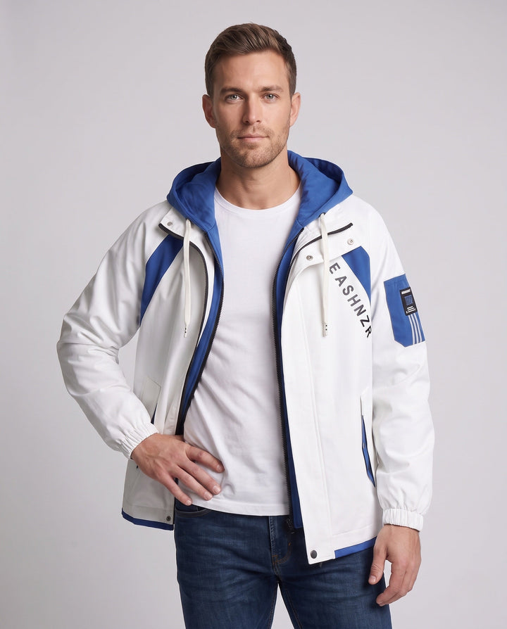 Herren zweilagige Kapuzen-Übergangsjacke mit Kontrastpaneelen, Reißverschluss &amp; Utility-Ärmeltasche