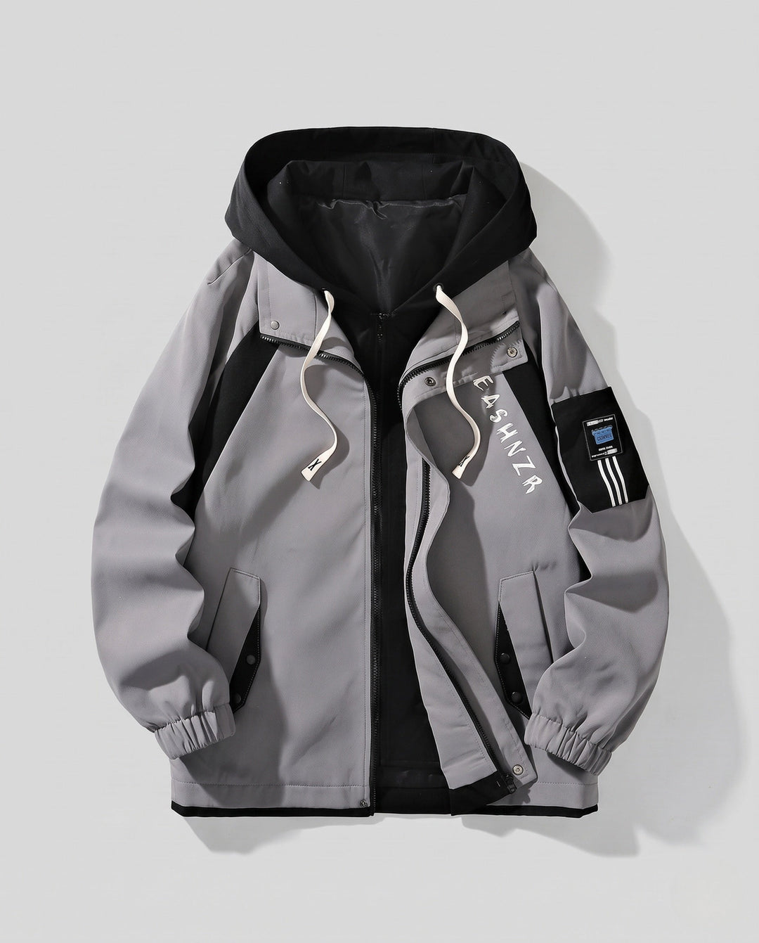 Herren zweilagige Kapuzen-Übergangsjacke mit Kontrastpaneelen, Reißverschluss &amp; Utility-Ärmeltasche