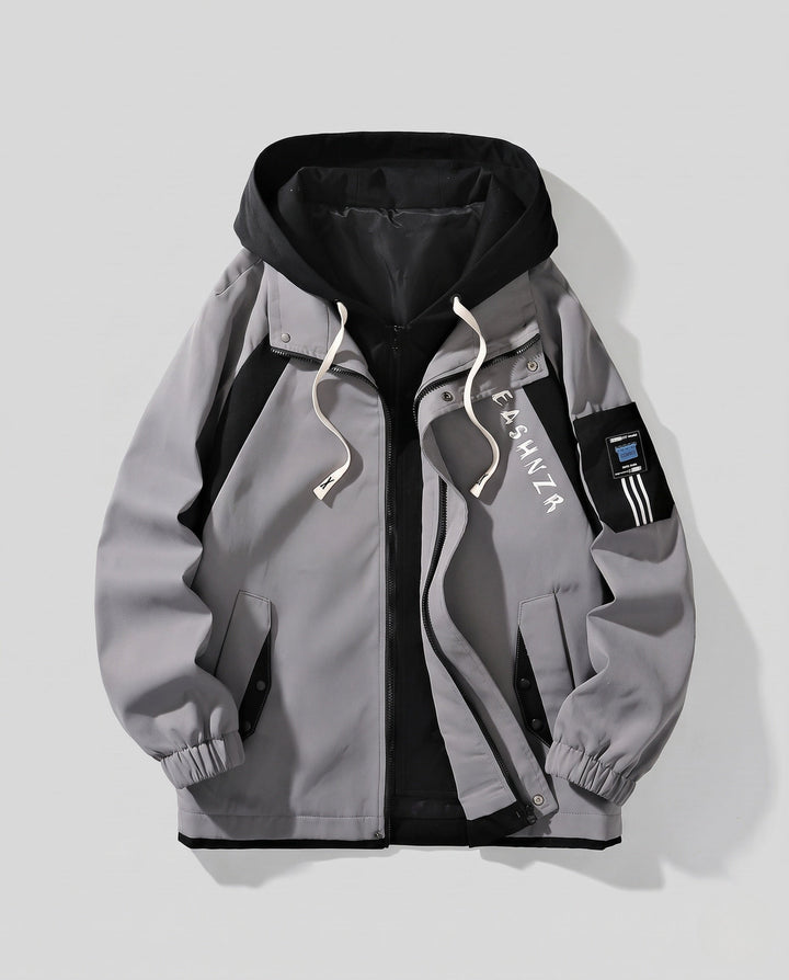 Herren zweilagige Kapuzen-Übergangsjacke mit Kontrastpaneelen, Reißverschluss &amp; Utility-Ärmeltasche