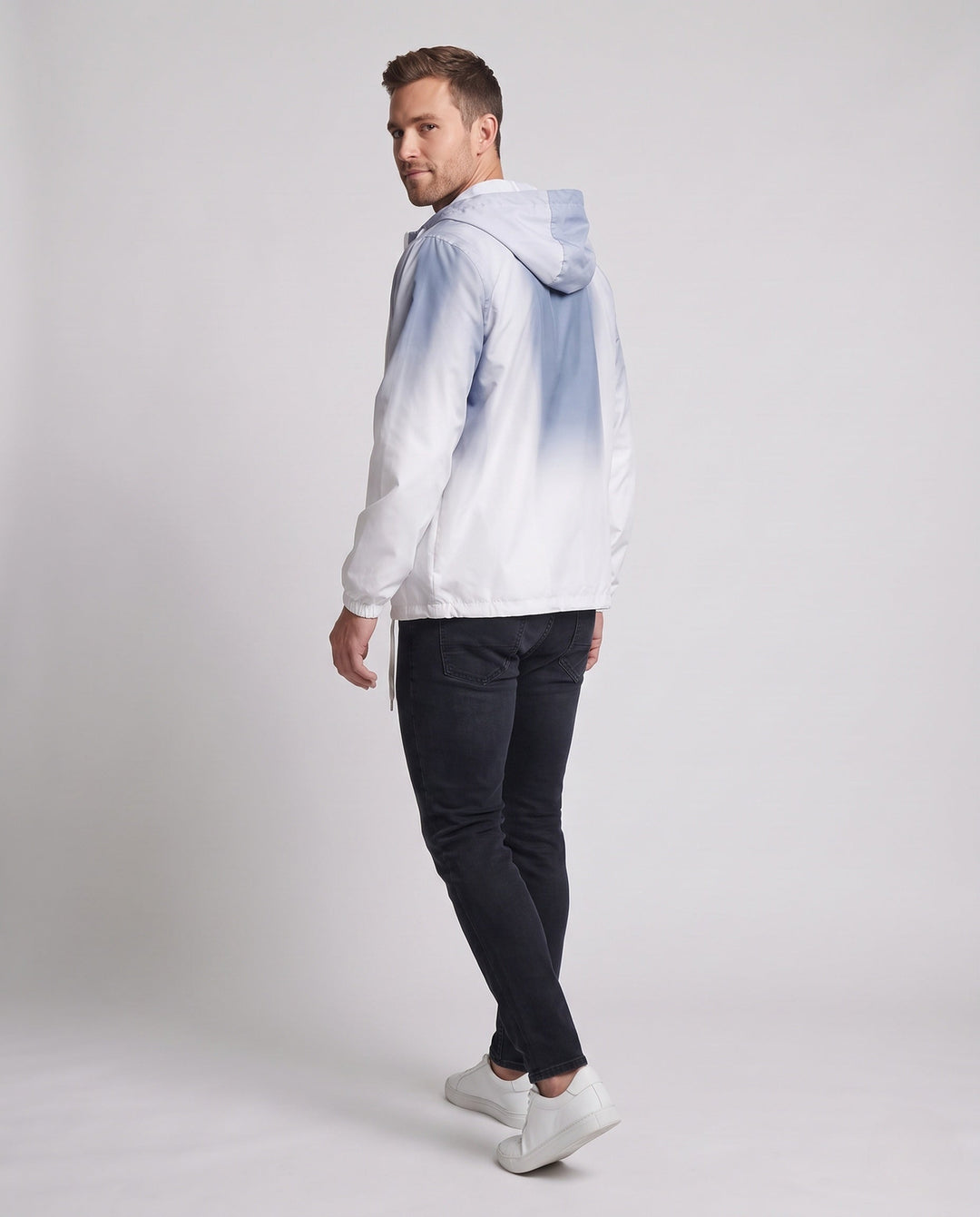 Unisex Farbverlauf-Leichte Windjacke mit Kapuze, Kordelzug und durchgehendem Reißverschluss