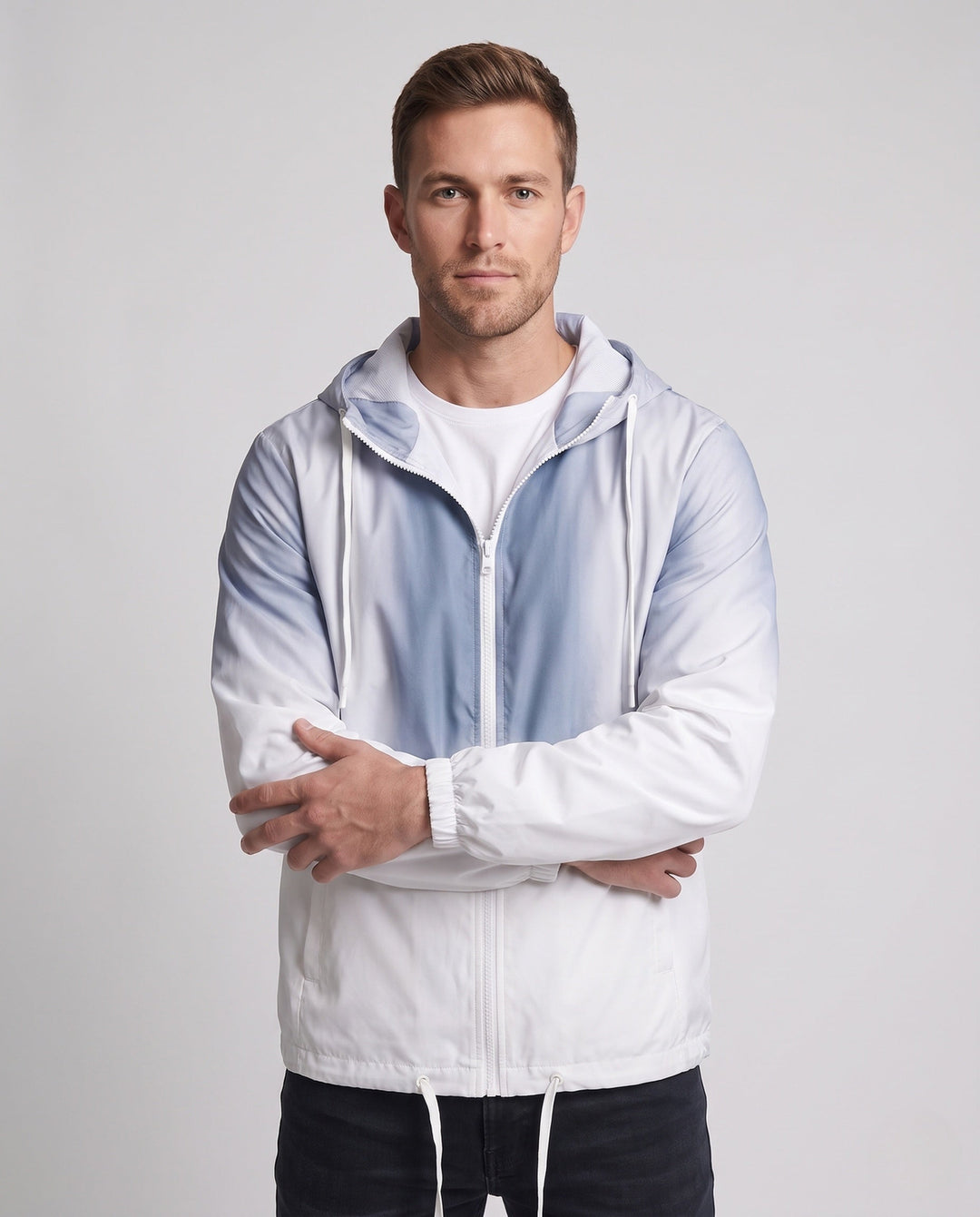 Unisex Farbverlauf-Leichte Windjacke mit Kapuze, Kordelzug und durchgehendem Reißverschluss