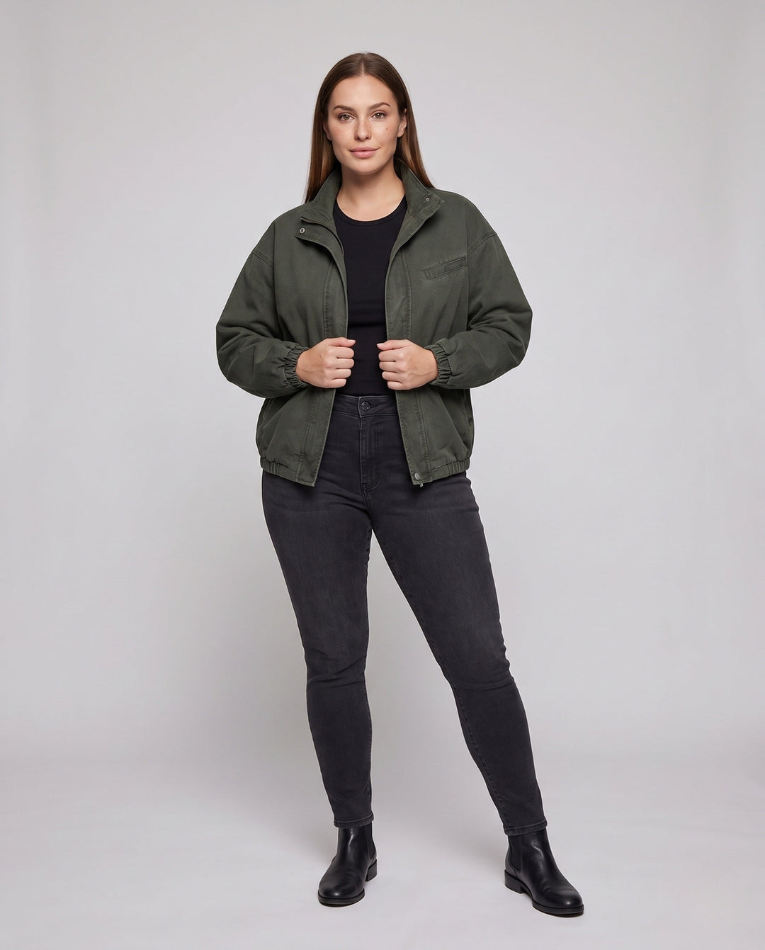 Unisex oversize funkcjonalna-Fieldjacke mit Stehkragen, verdeckter Druckknopfleiste und elastischem Saum