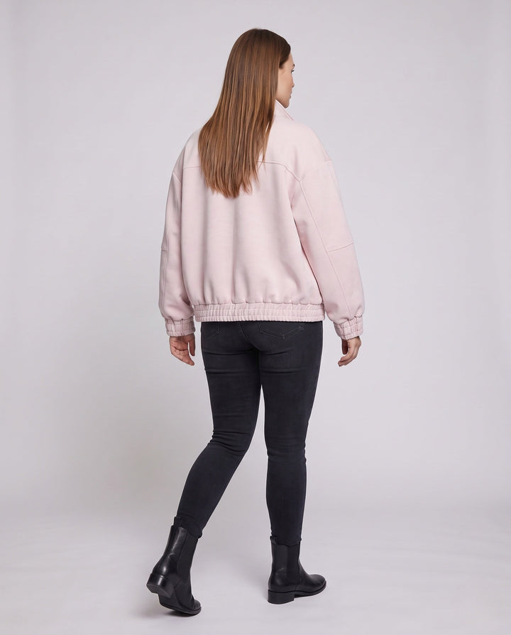 Unisex oversize Velours-Optik Übergangsjacke mit Zwei-Wege-Metallreißverschluss, Stehkragen &amp; elastischem Saum