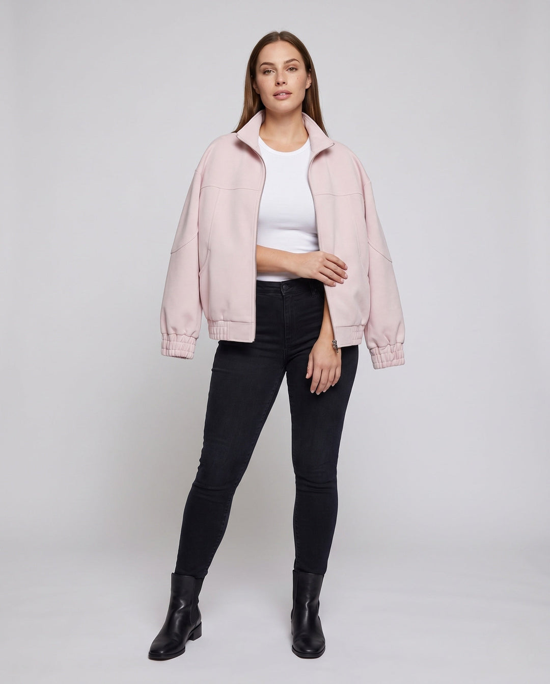 Unisex oversize Velours-Optik Übergangsjacke mit Zwei-Wege-Metallreißverschluss, Stehkragen &amp; elastischem Saum