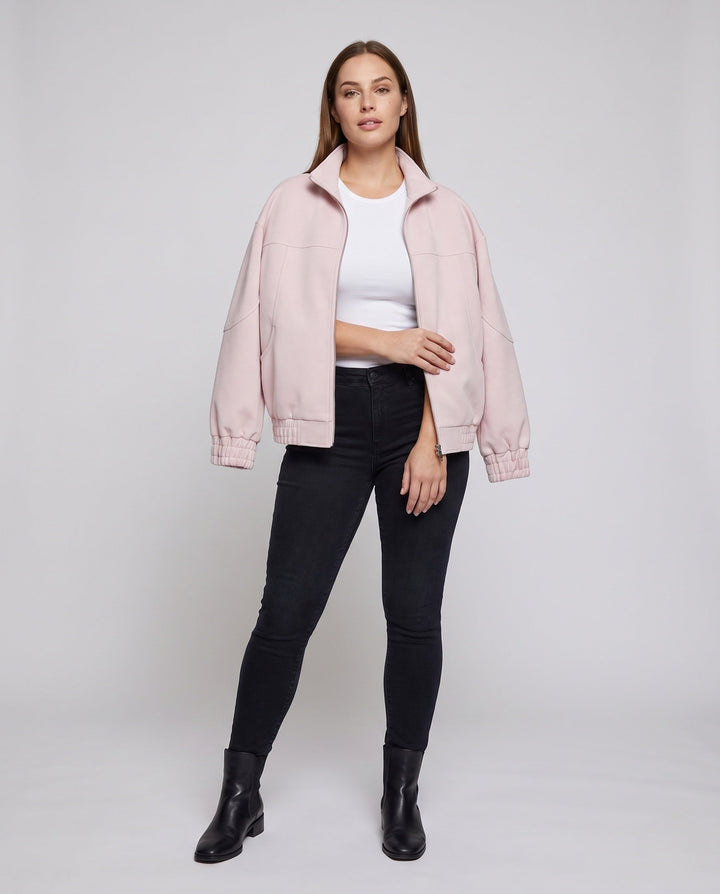 Unisex oversize Velours-Optik Übergangsjacke mit Zwei-Wege-Metallreißverschluss, Stehkragen &amp; elastischem Saum