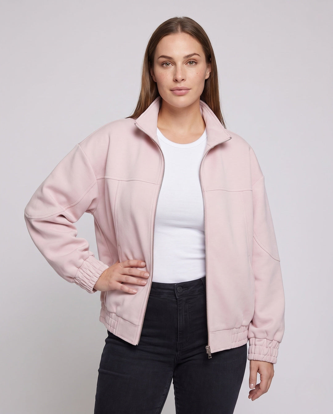 Unisex oversize Velours-Optik Übergangsjacke mit Zwei-Wege-Metallreißverschluss, Stehkragen &amp; elastischem Saum