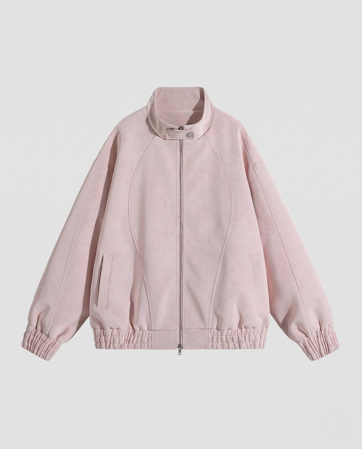 Unisex oversize Velours-Optik Übergangsjacke mit Zwei-Wege-Metallreißverschluss, Stehkragen &amp; elastischem Saum