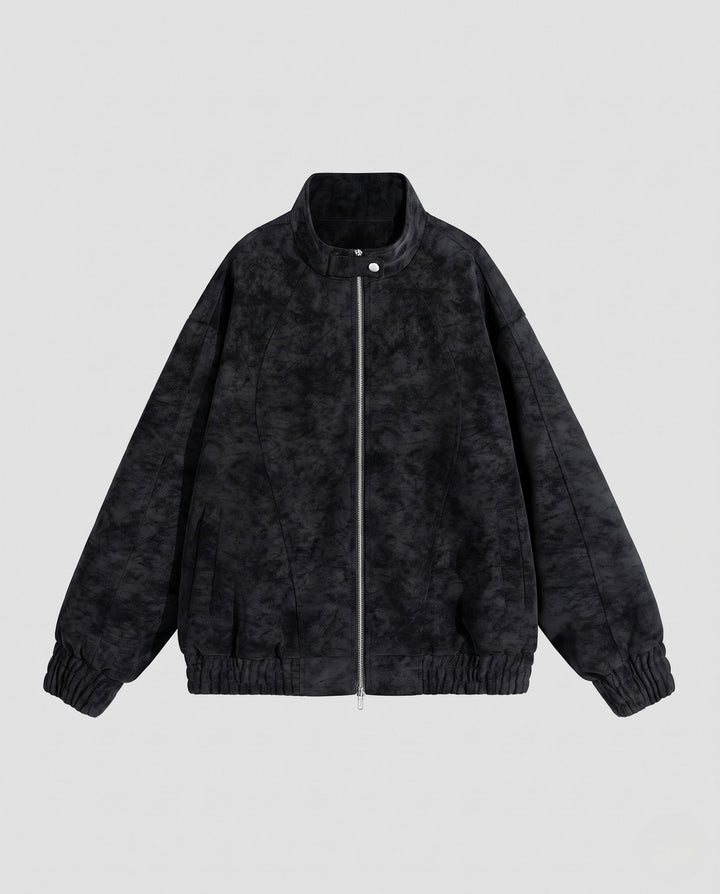 Unisex oversize Velours-Optik Übergangsjacke mit Zwei-Wege-Metallreißverschluss, Stehkragen &amp; elastischem Saum