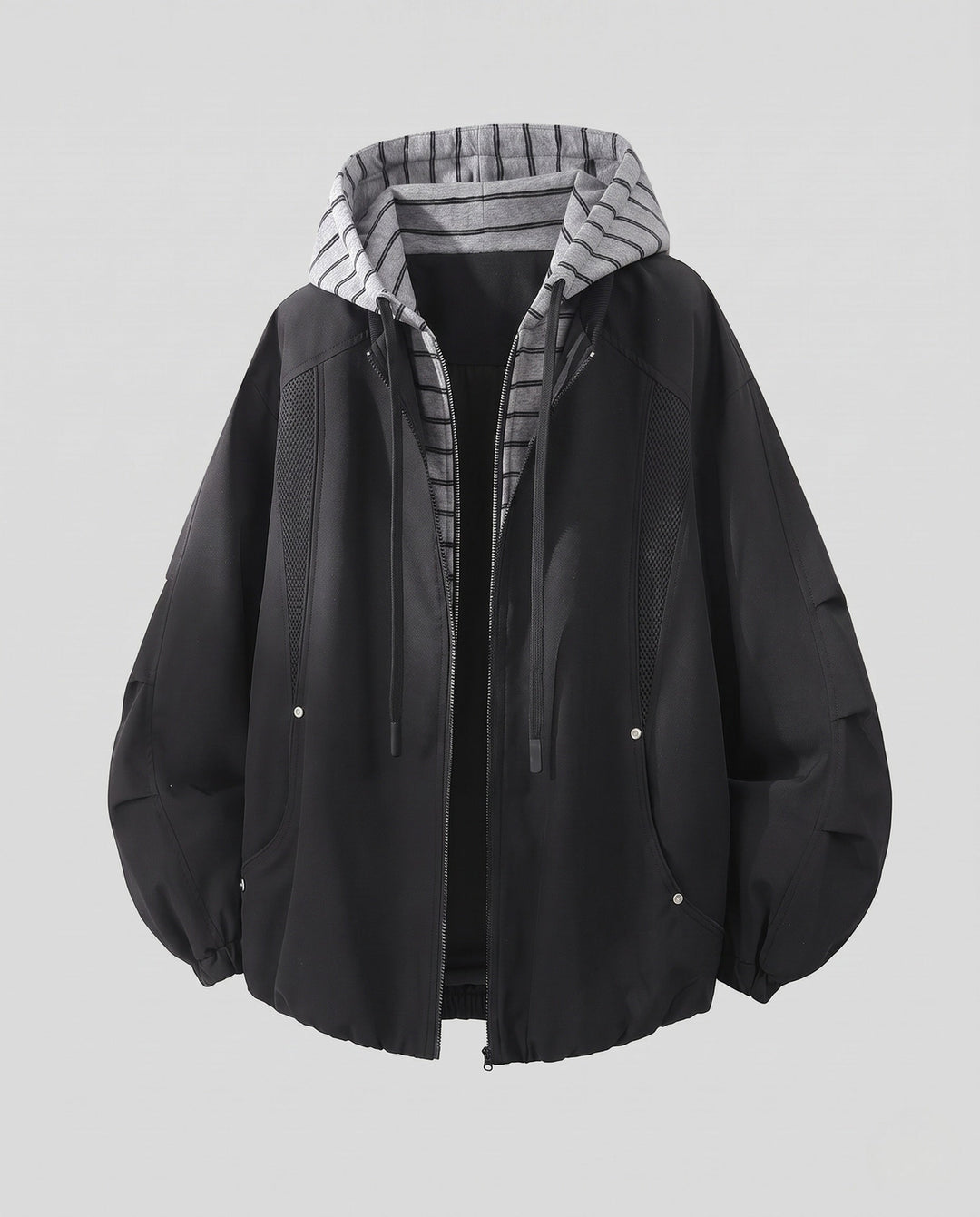 Unisex oversize-Windjacke mit gestreifter Kapuzenblende, Mesh-Einsätzen &amp; Tunnelzug