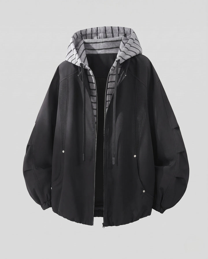 Unisex oversize-Windjacke mit gestreifter Kapuzenblende, Mesh-Einsätzen &amp; Tunnelzug