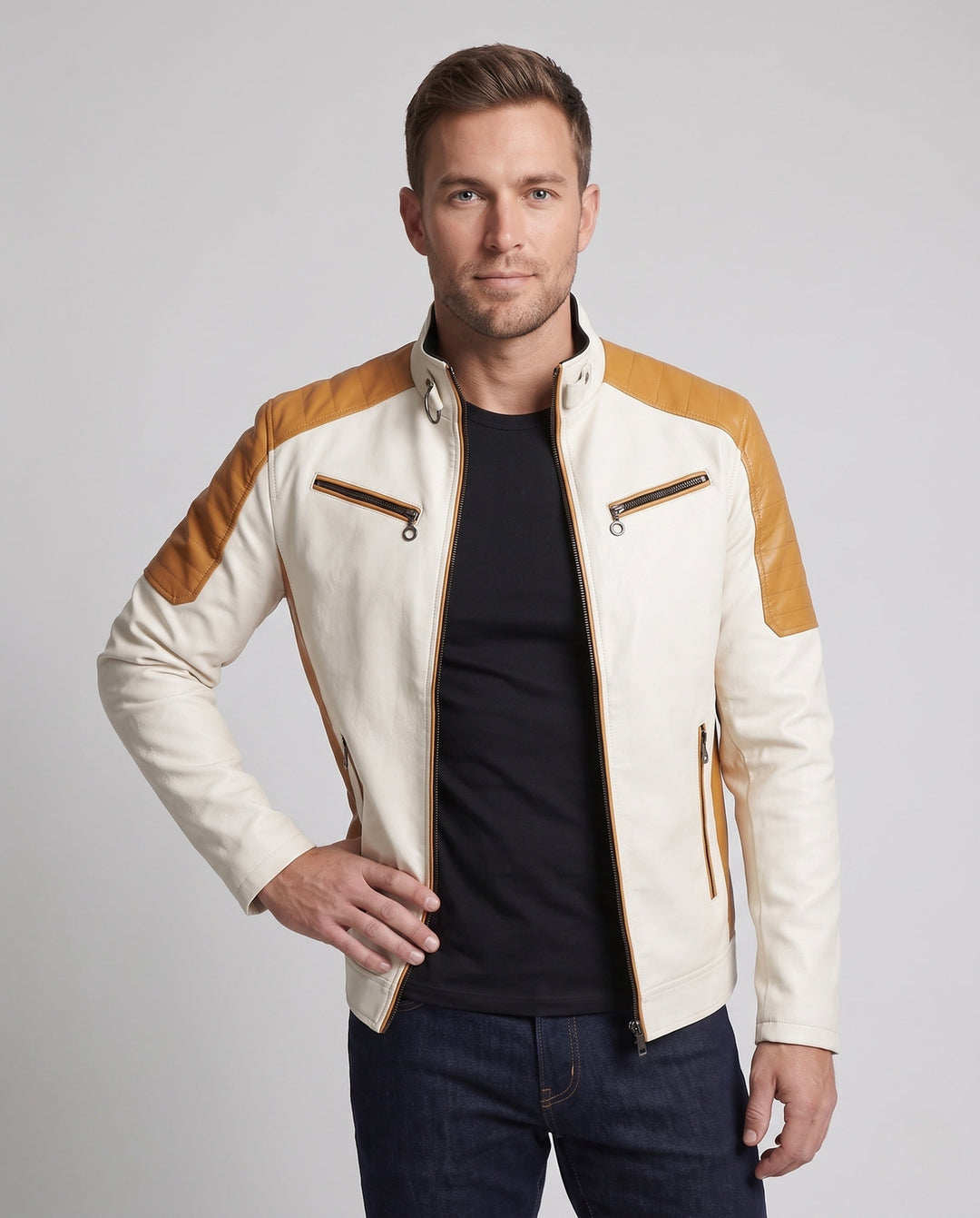 Męski Fashion Imitacja skóry Kurtka z Pikowany Szczegóły 1788322039