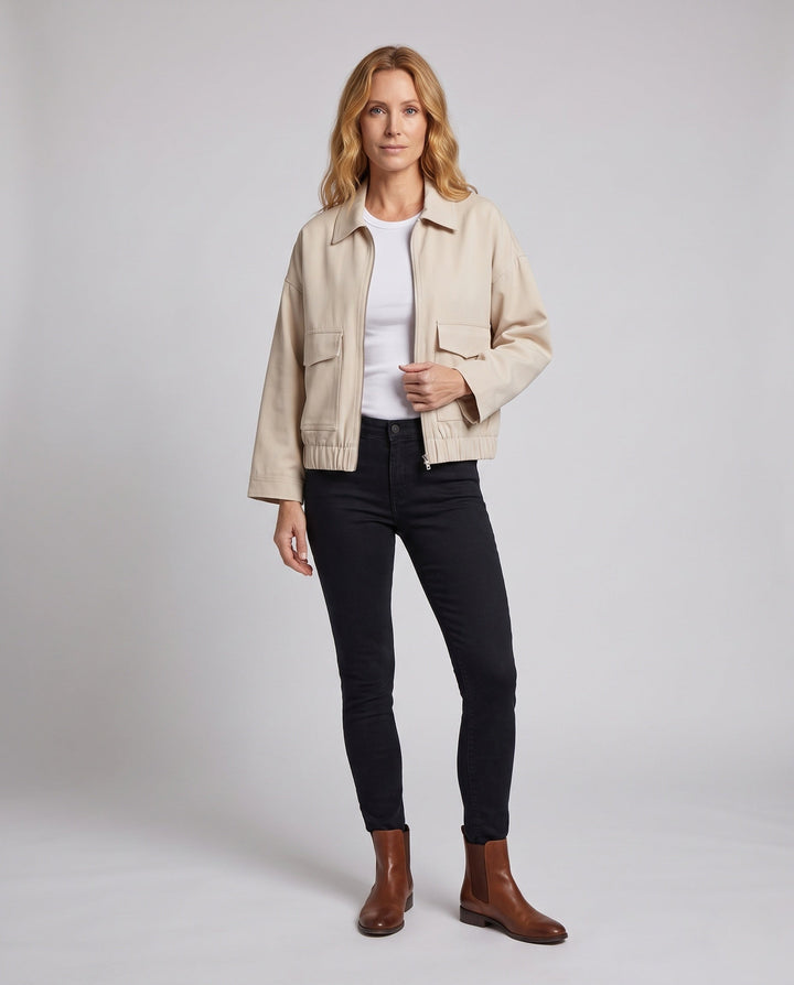 Damska Crop Utility Kurtka z Kieszenie z klapkami i Elastyczny Waistband