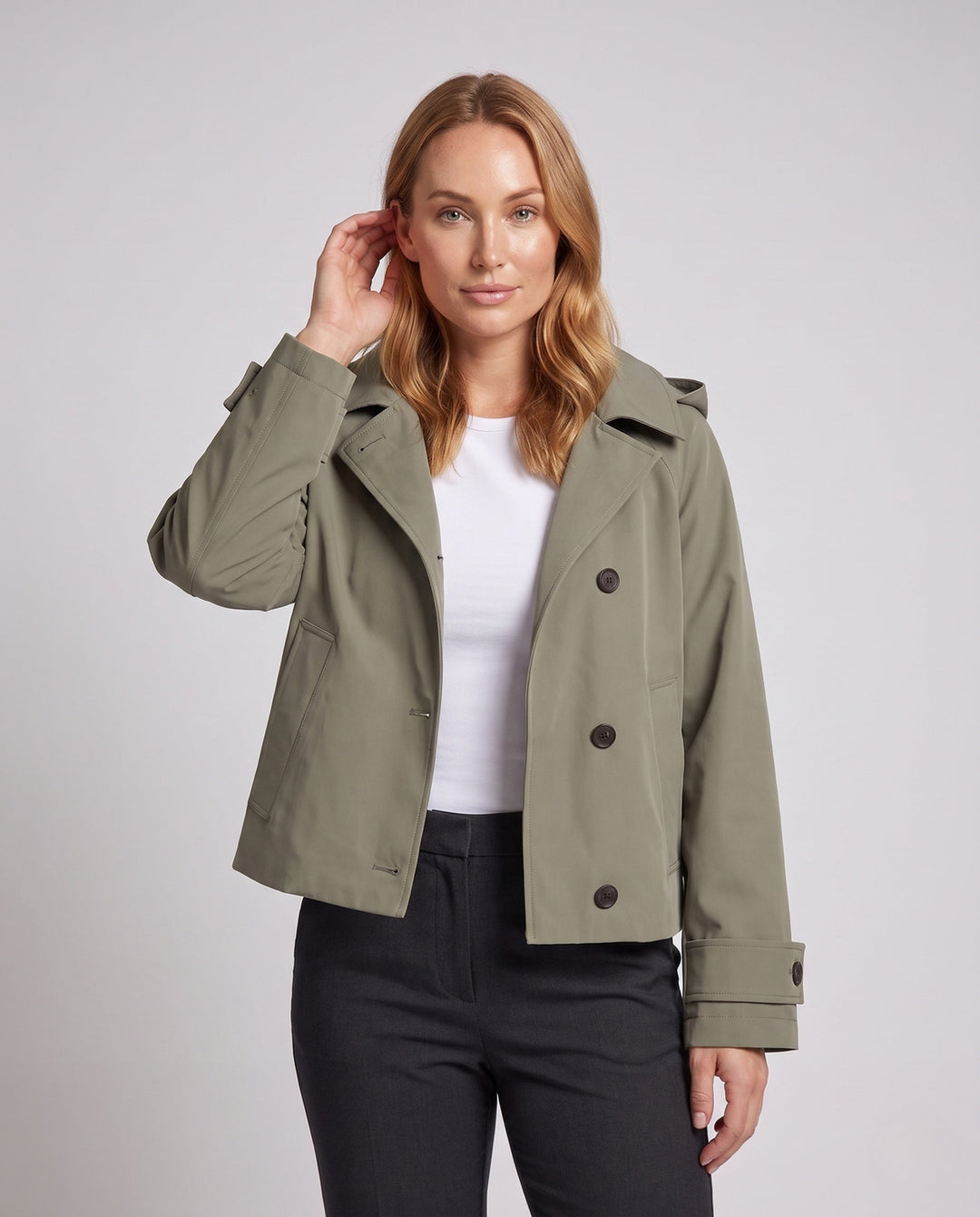 Damska krótka boxy Trench z Notched kołnierzem i oversize rękawami Lumaza