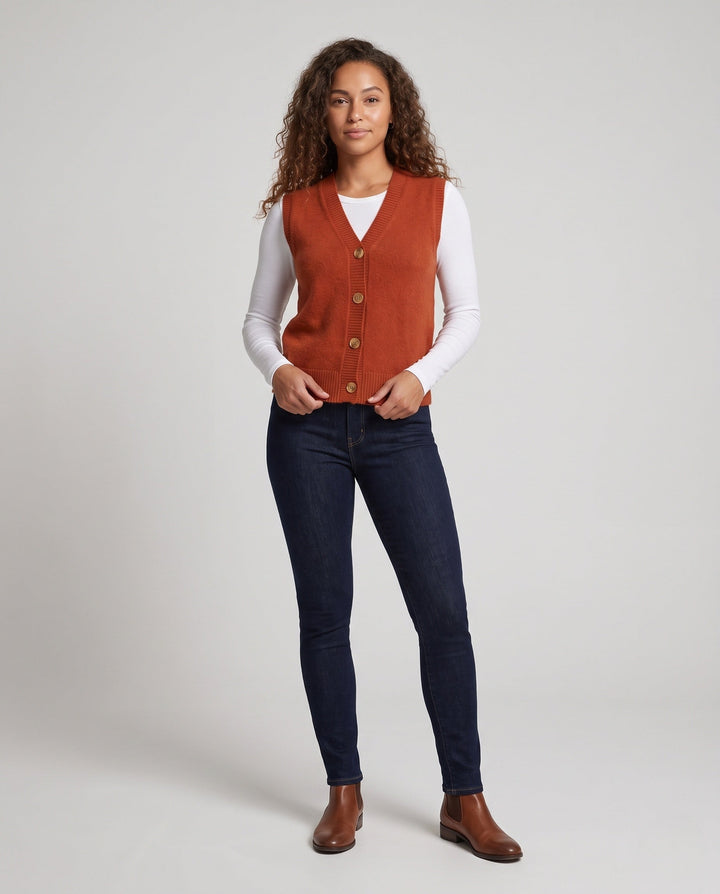 Damskie Sleeveless Mieszanka myłny Dzianina Kamizelka z V-Neck i Listwa guzikowa