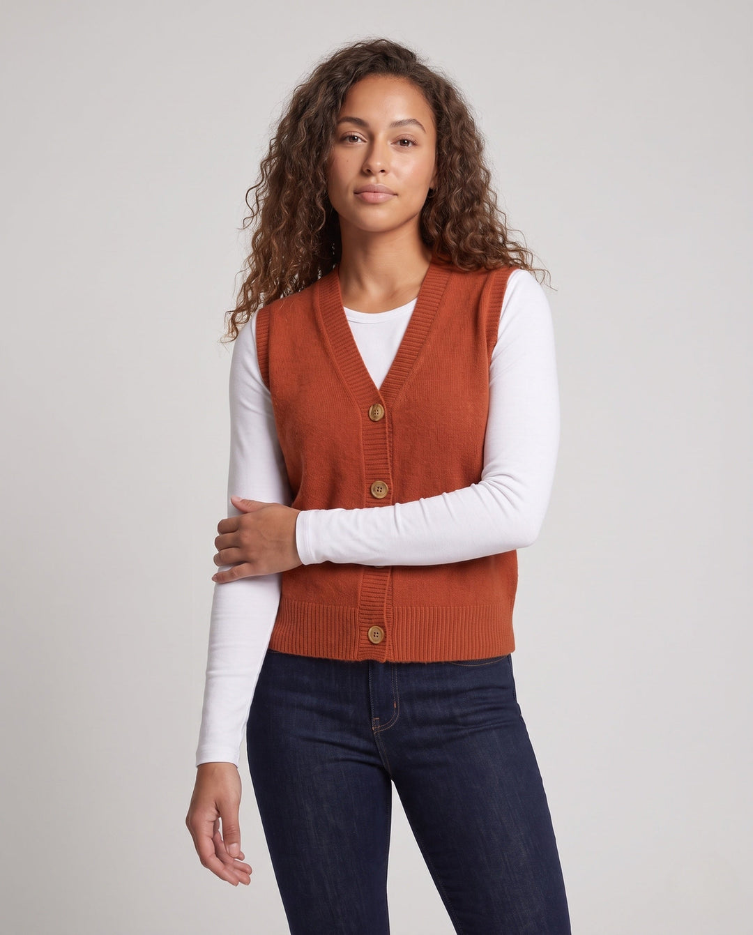 Damskie Sleeveless Mieszanka myłny Dzianina Kamizelka z V-Neck i Listwa guzikowa