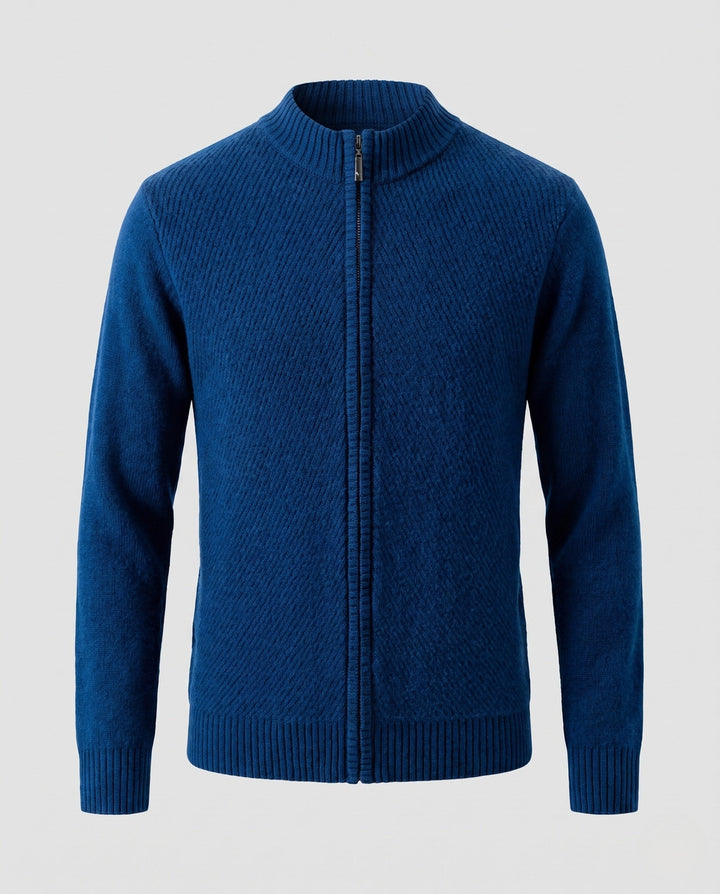 Męski fine knit zamek kurtka z kołnierz ze stójką, prążkowane mankiety, i diagonally textured surface