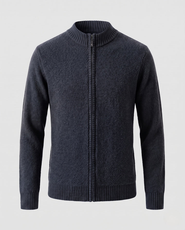 Męski fine knit zamek kurtka z kołnierz ze stójką, prążkowane mankiety, i diagonally textured surface