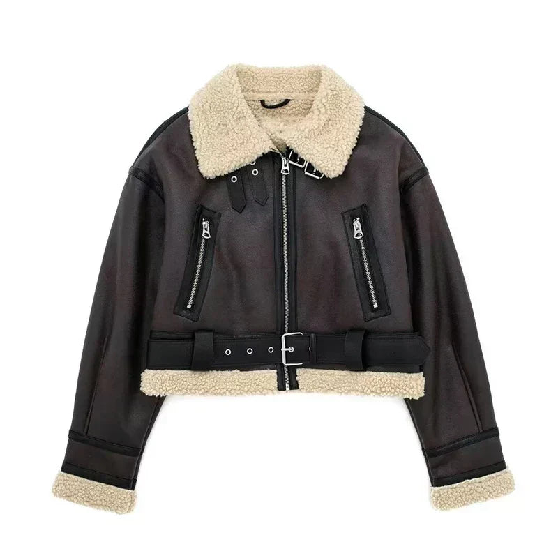 Sheepskw kurtka - krótka Model - oversize Fit - ciepła wełna Lwwg - zamkiem zapięcie