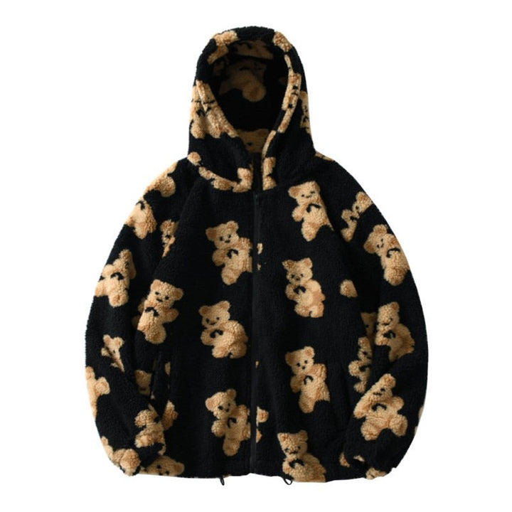 Bear Teddy Print Pluszowy Kurtka Fluffy Kaptur Outerwear