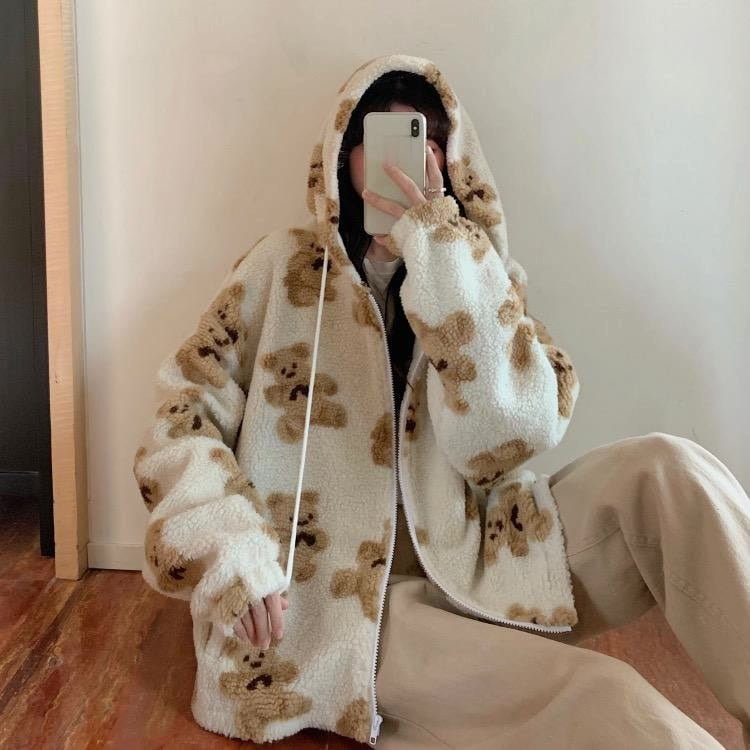 Bear Teddy Print Pluszowy Kurtka Fluffy Kaptur Outerwear