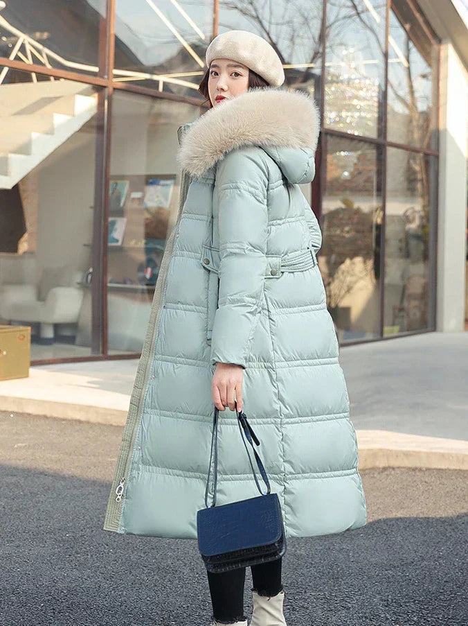 Długa kurtka zimowa Puffer design imitacja Fur kapturem Tailored Belt ciepła i wsulatwg