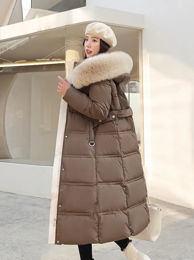Długa kurtka zimowa Puffer design imitacja Fur kapturem Tailored Belt ciepła i wsulatwg