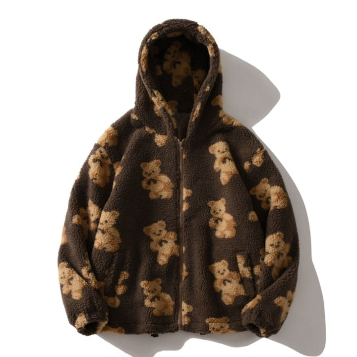 Bear Teddy Print Pluszowy Kurtka Fluffy Kaptur Outerwear