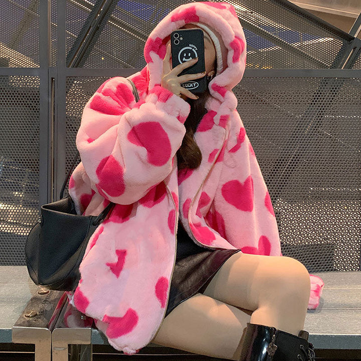Bear Teddy Print Pluszowy Kurtka Fluffy Kaptur Outerwear